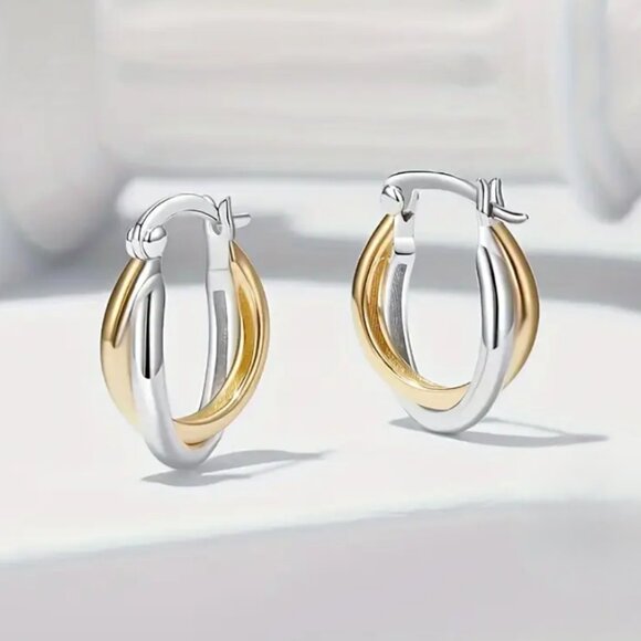 18K Gold & Silver Womens Two Tone Small Braided Twisted Hoop Earrings Jewelry